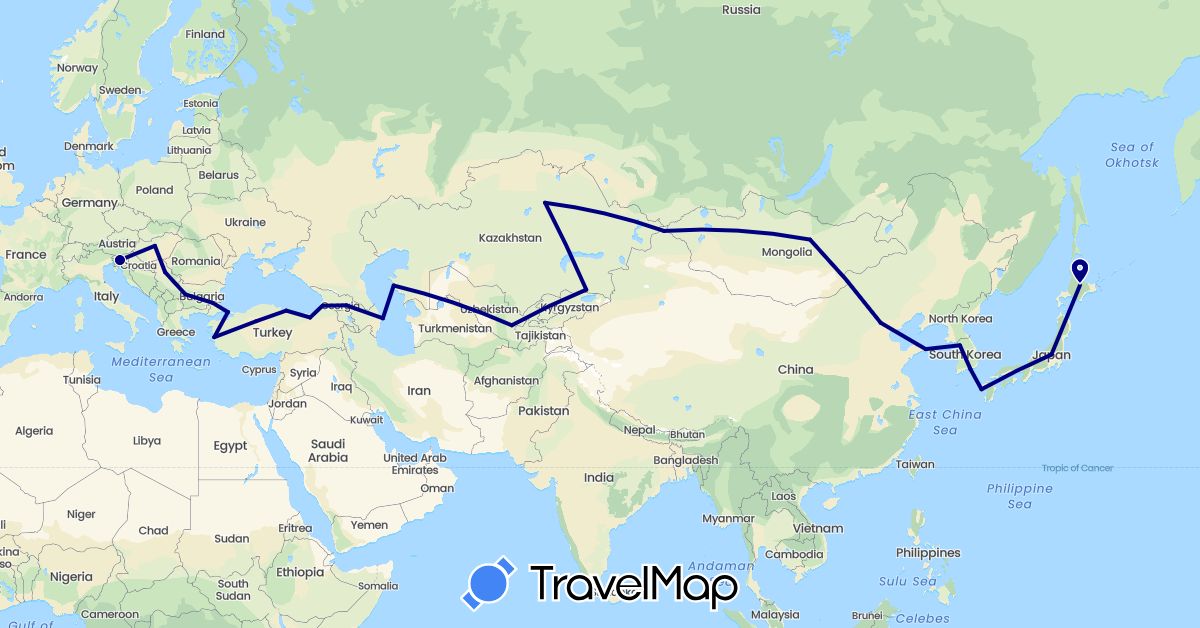 TravelMap itinerary: driving in Bulgaria, China, Georgia, Hungary, Japan, South Korea, Kazakhstan, Mongolia, Serbia, Slovenia, Turkey, Uzbekistan (Asia, Europe)
